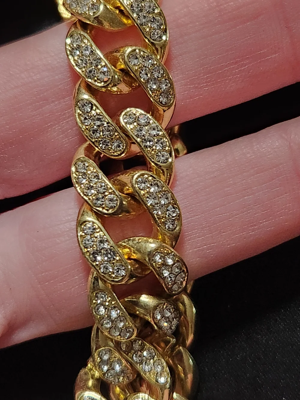 Gold Tone Pave Rhinestone Cuban Link Statement Bracelet Foldover Clasp​